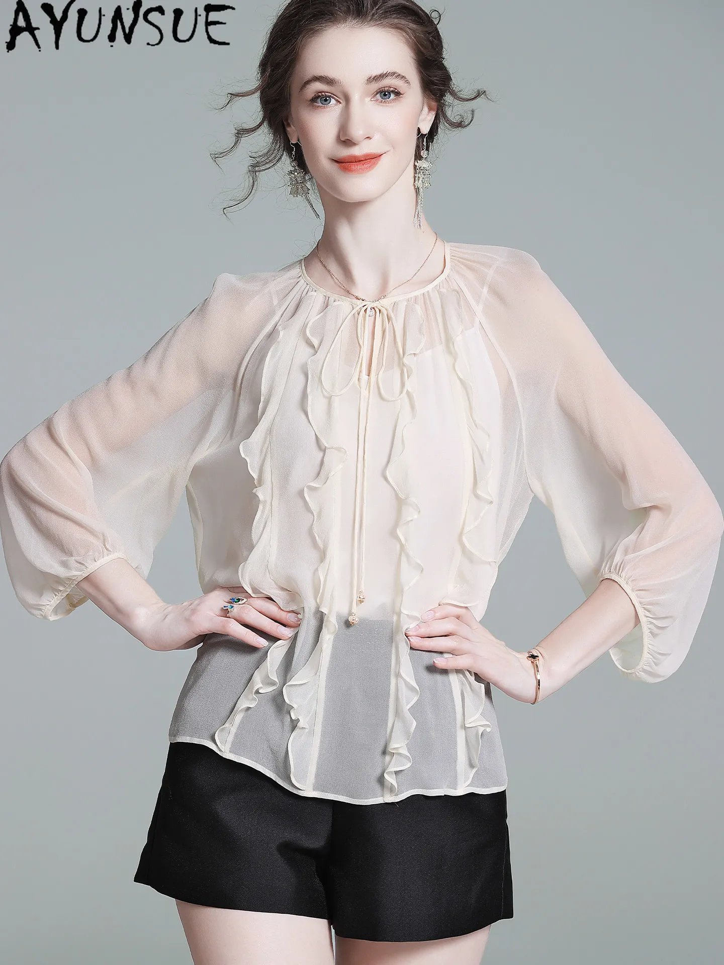 AYUNSUE 100% Natural Mulberry Silk Blouse Women Summer Clothes Elegant Womens Blouses Blue Top Two-piece Set New Блузка Женска
AYUNSUE 100% Natural Mulberry Silk Blouse Women Summer Clothes Elegant Womens Blouses Blue Top Two-piece Set New Блузка Женска