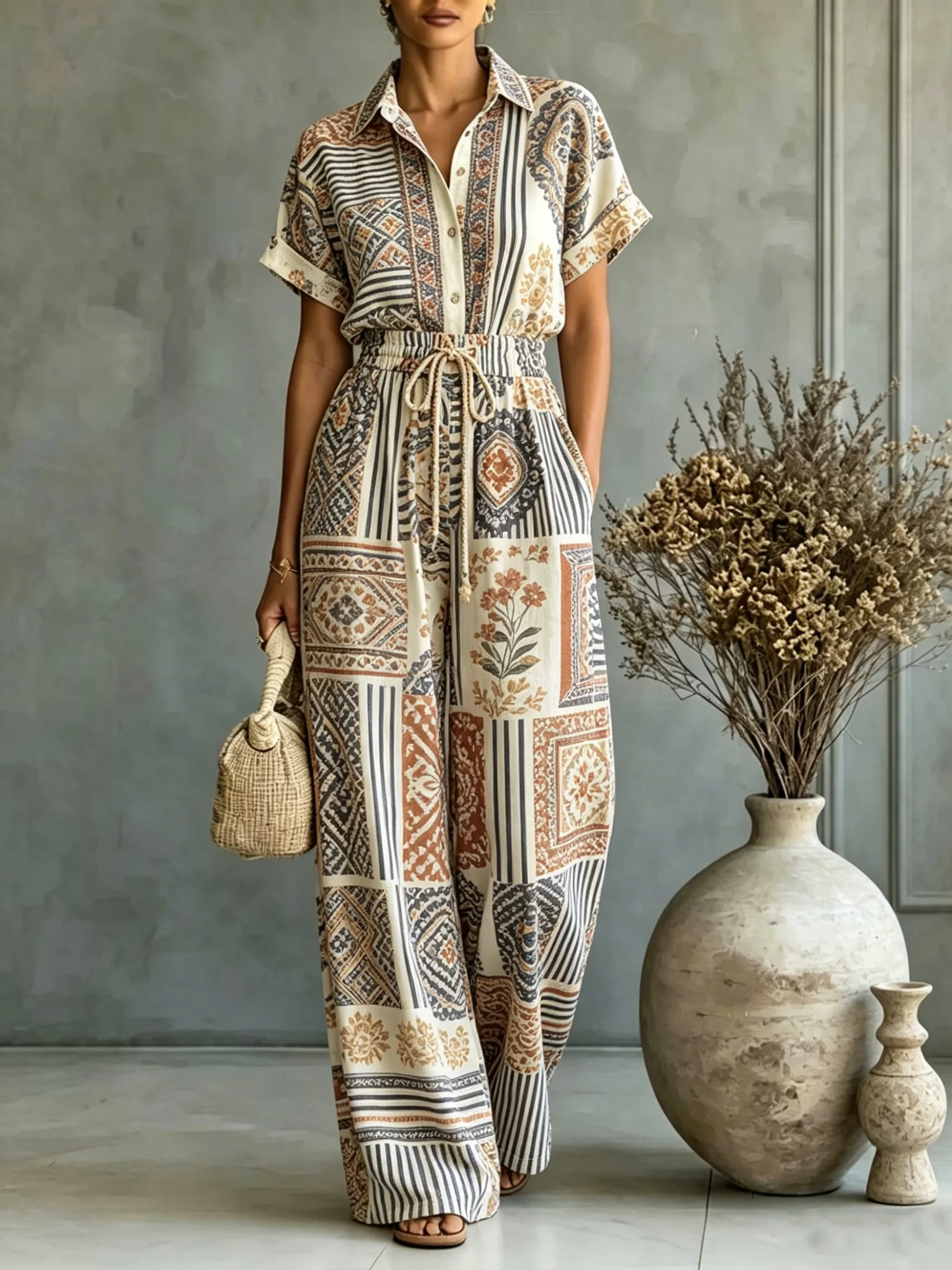Women's Summer Patchwork Print Two Piece Set Versatile Turn-Down Collar Single-Breasted Shirt & Casual High Waist Pants
Women's Summer Patchwork Print Two Piece Set Versatile Turn-Down Collar Single-Breasted Shirt & Casual High Waist Pants