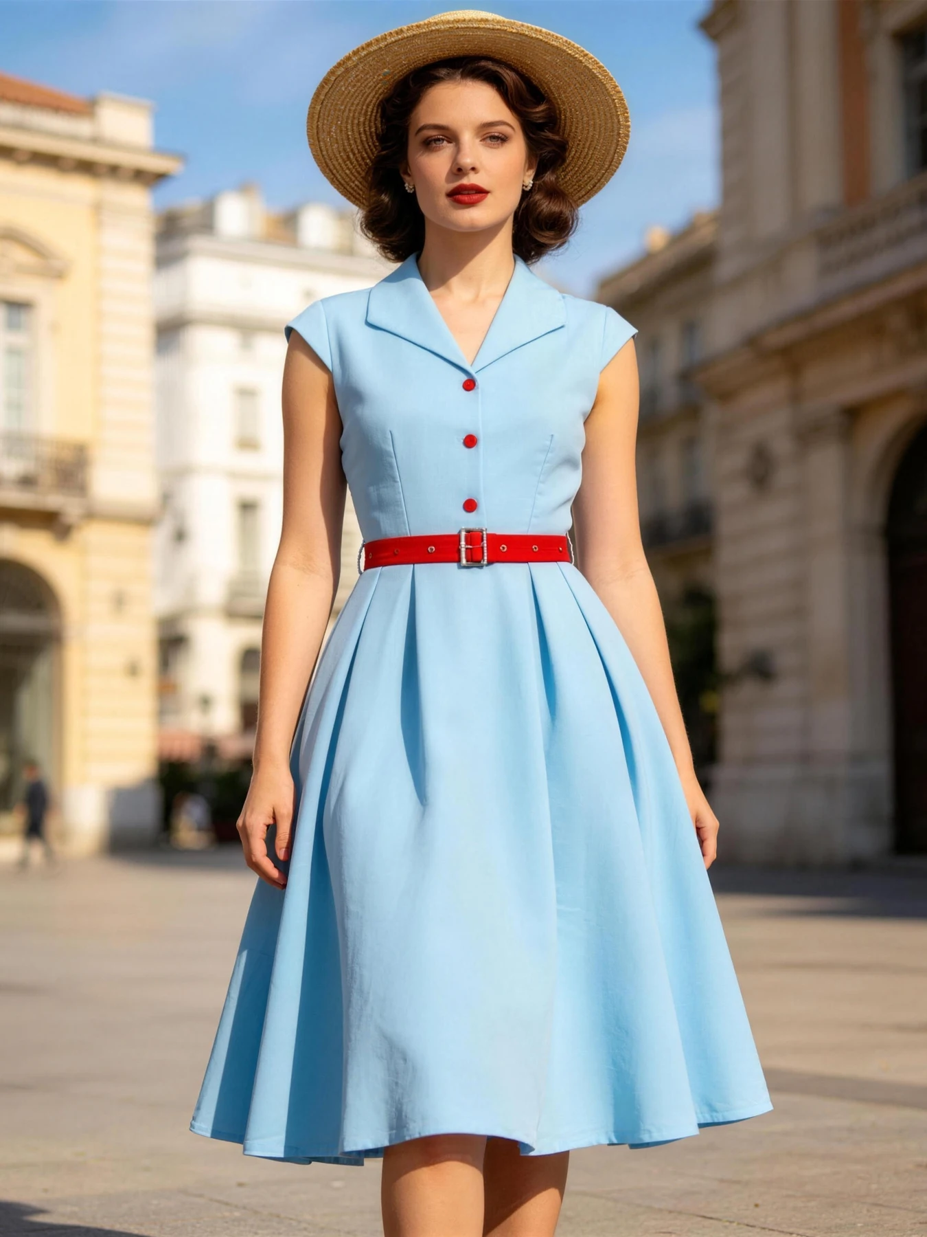 Tonval Turn-Down Collar Cap Sleeve Summer Dresses for Women Light Blue with Red Belt Pleated Vintage Midi Dress
Tonval Turn-Down Collar Cap Sleeve Summer Dresses for Women Light Blue with Red Belt Pleated Vintage Midi Dress