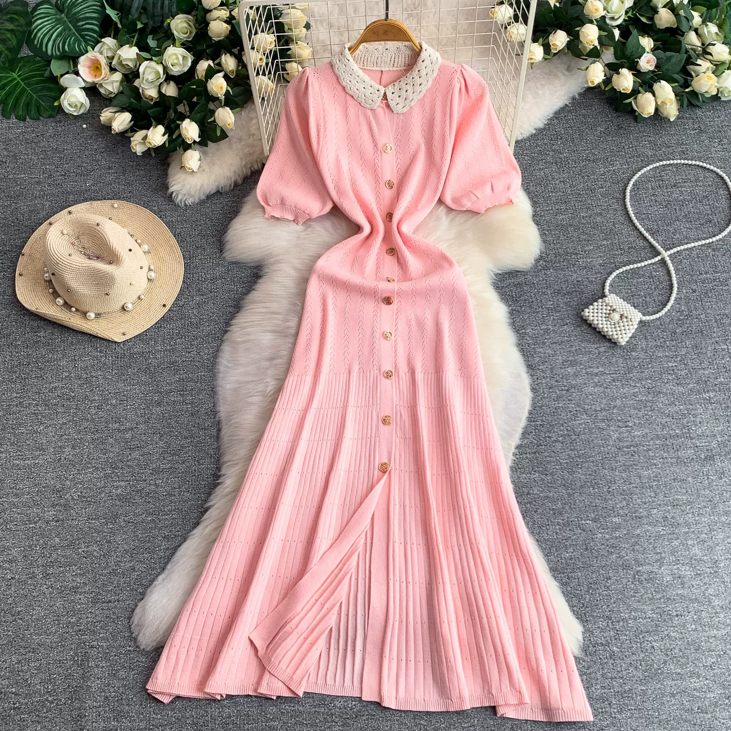 Summer Vintage Turn-down Collar Knit Maxi Dress Single-breasted A-line Long Shirt Dress Elegant Fashion for Lady
Summer Vintage Turn-down Collar Knit Maxi Dress Single-breasted A-line Long Shirt Dress Elegant Fashion for Lady