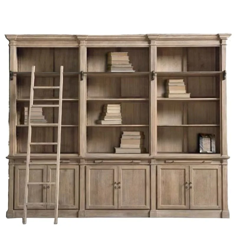 American rural oak solid wood large bookcase combination French weathered retro bookshelf with ladder
American rural oak solid wood large bookcase combination French weathered retro bookshelf with ladder