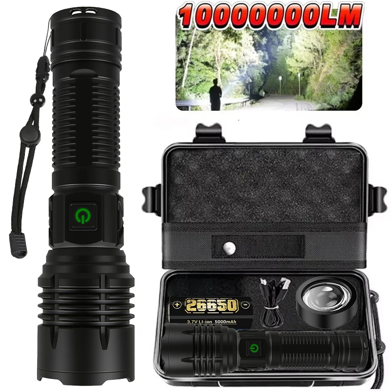 100000LM LED Flashlight USB Rechargeable Zoom Torch Strong Light Focused Light Source Can Light a Flame Waterproof Lantern
100000LM LED Flashlight USB Rechargeable Zoom Torch Strong Light Focused Light Source Can Light a Flame Waterproof Lantern