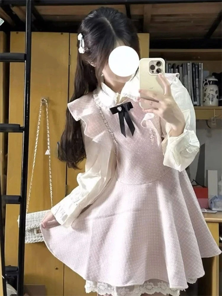 Japanese Sweet Mini Dress Women Lace Doll Collar Shirt + Fairy Bow Pink Dress Set Elegant Fashion Birthday Party Dress Sets Fall
Japanese Sweet Mini Dress Women Lace Doll Collar Shirt + Fairy Bow Pink Dress Set Elegant Fashion Birthday Party Dress Sets Fall