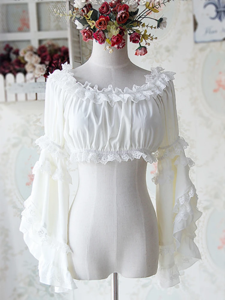 Sweet Detachable Flare Lace Sleeve Chiffon Blouse Ruffled Short Women's Crop Top White/Black/Ivory by Infanta
Sweet Detachable Flare Lace Sleeve Chiffon Blouse Ruffled Short Women's Crop Top White/Black/Ivory by Infanta