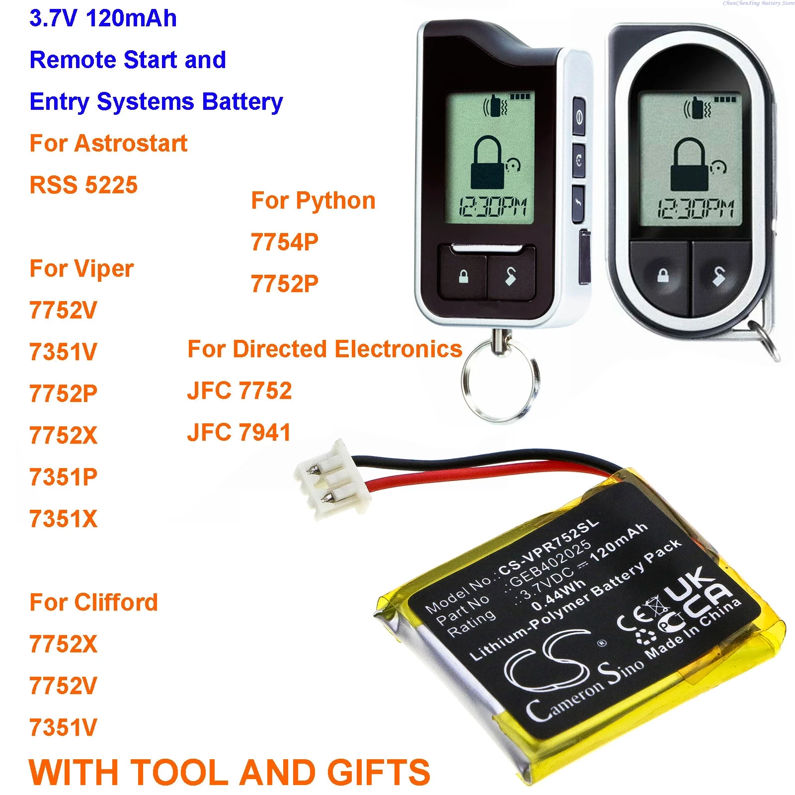 Cameron Sino 3.7V 120mAh Remote Start and Entry Systems Battery for Astrostart RSS 5225, For Clifford 7752X 7752V 7351V
Cameron Sino 3.7V 120mAh Remote Start and Entry Systems Battery for Astrostart RSS 5225, For Clifford 7752X 7752V 7351V