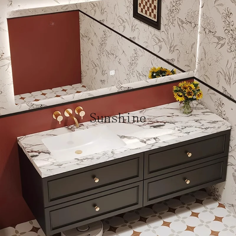 American bathroom cabinet combination simple rock slab ceramic seamless integrated basin solid wood washing table
American bathroom cabinet combination simple rock slab ceramic seamless integrated basin solid wood washing table