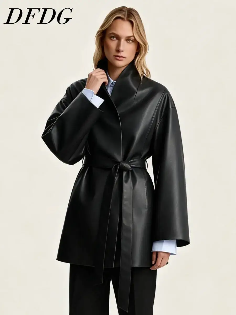 DFDG Women 2026 Spring Autumn Faux Leather Trench Coat Wrap Lapel Self Belt Waist Tie Oversized Long Sleeve Mid Length Coat
DFDG Women 2026 Spring Autumn Faux Leather Trench Coat Wrap Lapel Self Belt Waist Tie Oversized Long Sleeve Mid Length Coat
