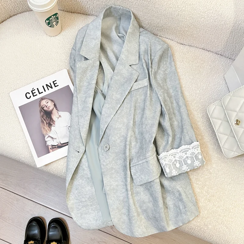 Blue High Quality Three-quarter Sleeves Thin Suit Jacket Women Summer Casual Office Lady Lace Stitching One-piece Female Suit
Blue High Quality Three-quarter Sleeves Thin Suit Jacket Women Summer Casual Office Lady Lace Stitching One-piece Female Suit