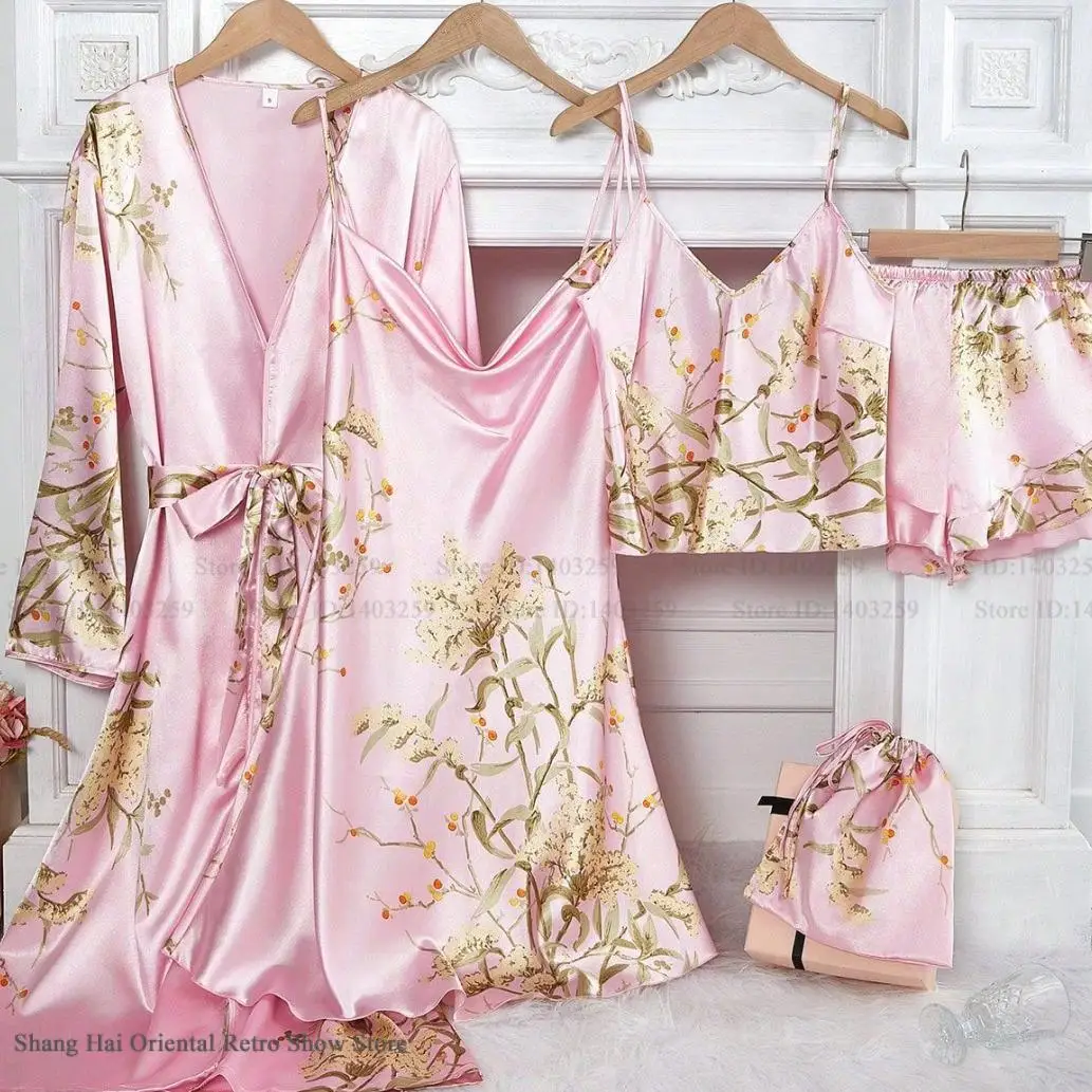 Female Sleepwear 4PCS Robe Pajama Set Pink Print Flower Kimono Bathrobe Gown Loungewear Spring Summer Rayon Nightgown Homewear
Female Sleepwear 4PCS Robe Pajama Set Pink Print Flower Kimono Bathrobe Gown Loungewear Spring Summer Rayon Nightgown Homewear