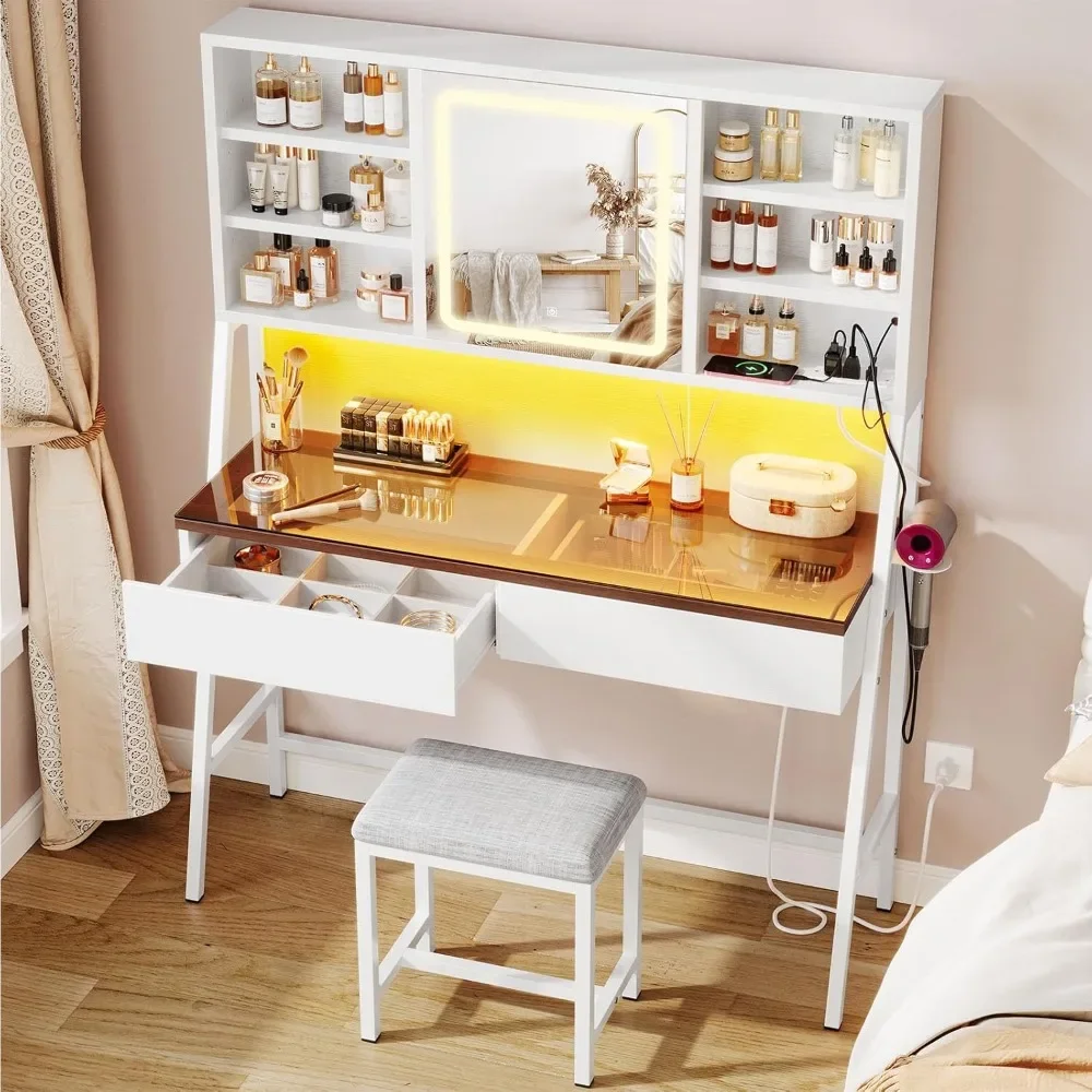 Vanity Desk with Mirror and Lights,3 Color Modes & Brightness Adjustable,Power Outlet & Light Strip,Drawers & Shelves, White
Vanity Desk with Mirror and Lights,3 Color Modes & Brightness Adjustable,Power Outlet & Light Strip,Drawers & Shelves, White