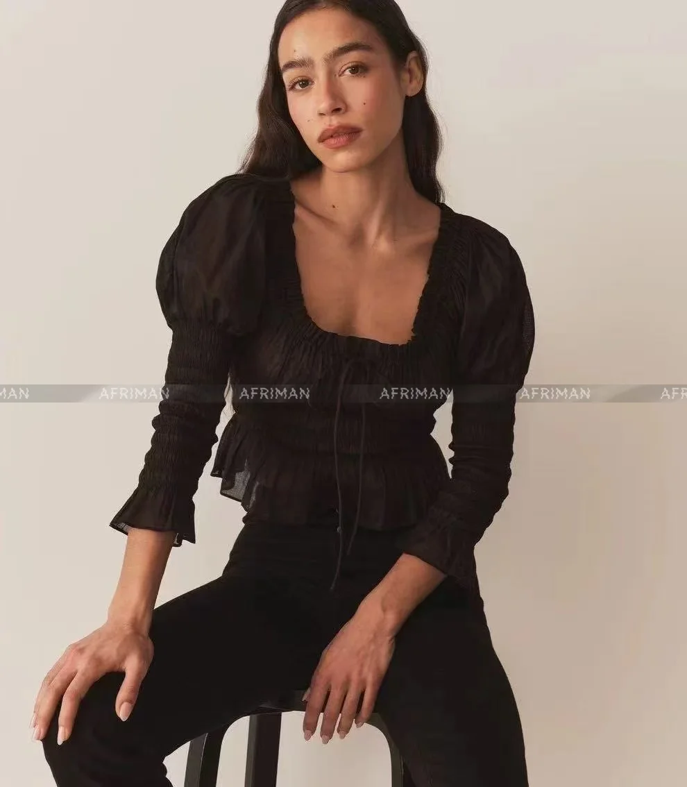 Women Square Collar Smocking Elastic Chest Puff Sleeve Pure Color Cotton Blouse Top
Women Square Collar Smocking Elastic Chest Puff Sleeve Pure Color Cotton Blouse Top