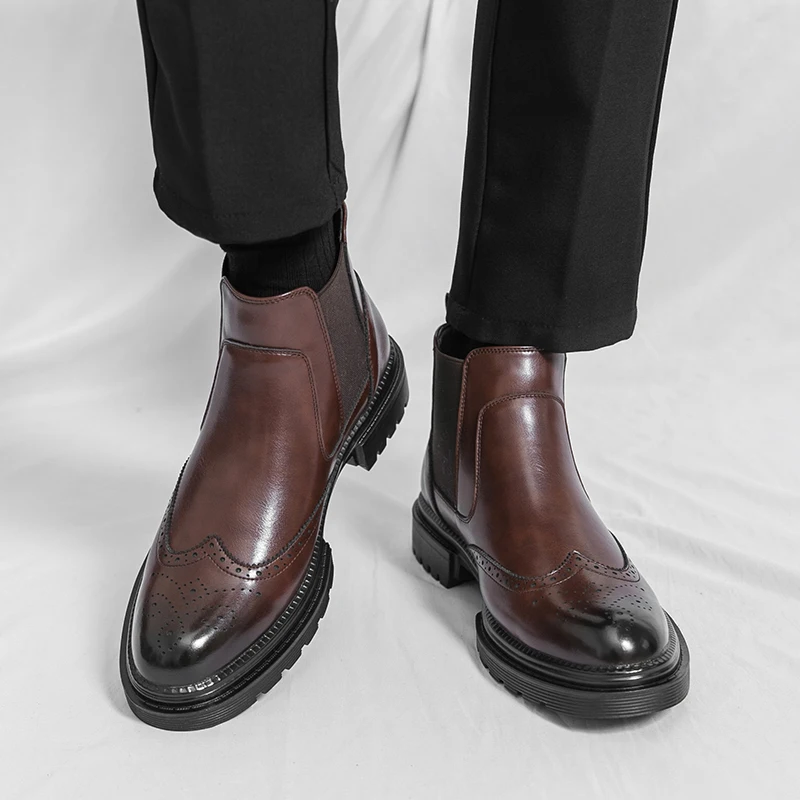 Мужские ботинки челси с резьбой по блоку, однотонные классические деловые мужские ботинки с высоким берцем, размер 38-46 
Мужские ботинки челси с резьбой по блоку, однотонные классические деловые мужские ботинки с высоким берцем, размер 38-46