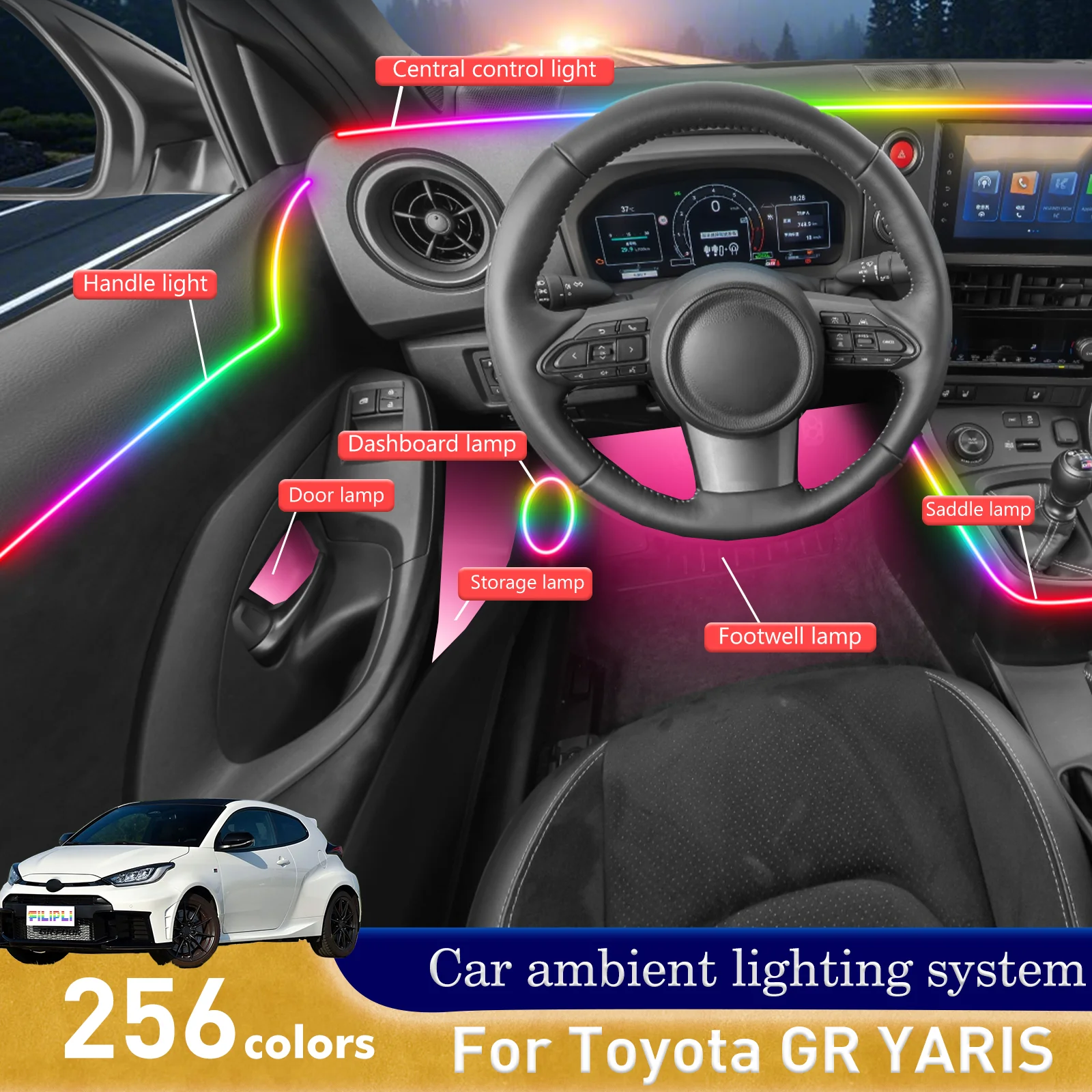For Toyota GR YARIS Car Interior Ambient Light RGB 64-Color LED Smart Remote Control Energy Saving Lamp Kit
For Toyota GR YARIS Car Interior Ambient Light RGB 64-Color LED Smart Remote Control Energy Saving Lamp Kit