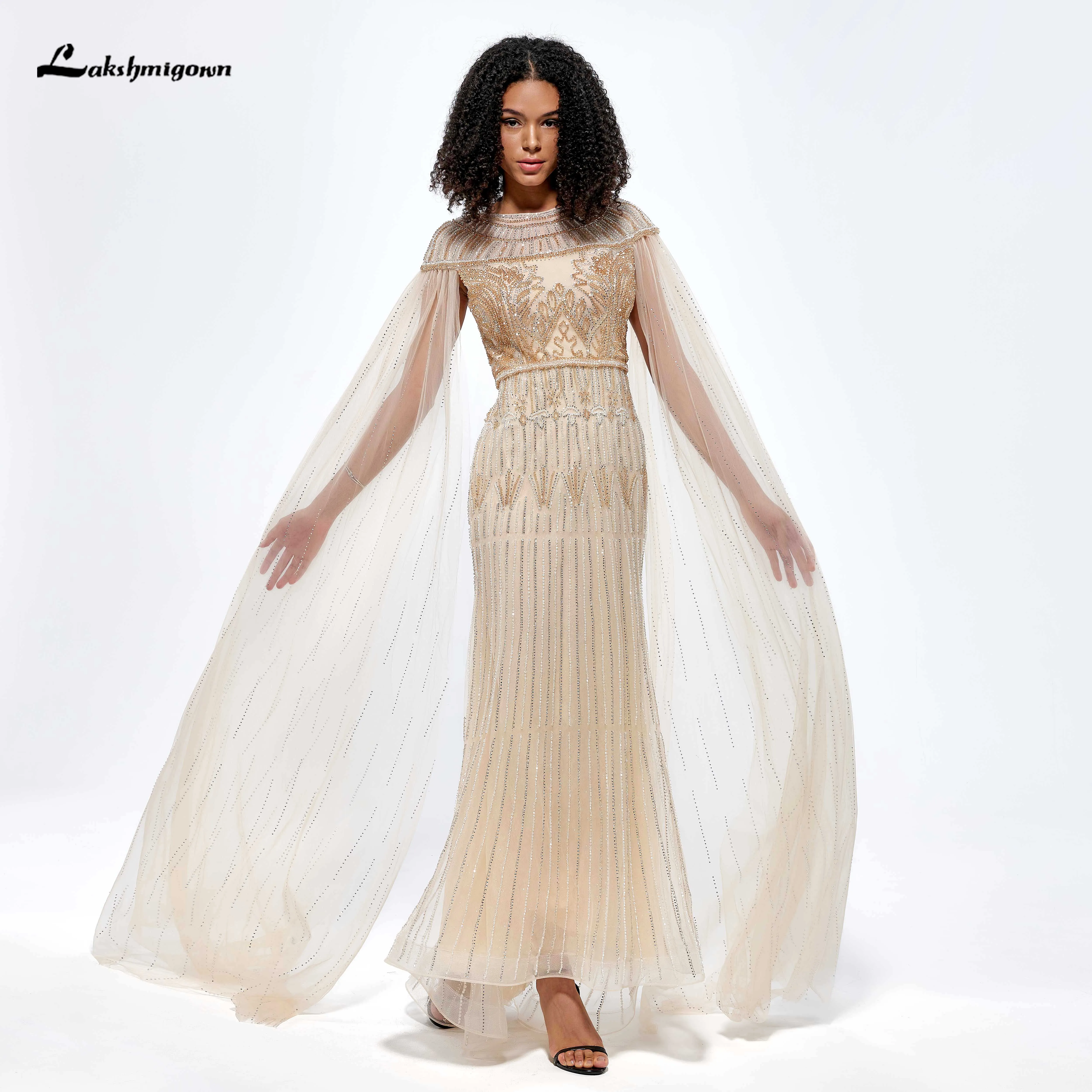 Lakshmigown Vestido Festa Gold Mermaid Elegant Beaded Evening Dresses With Cape Sleeves Gowns For Women Wedding Party Evening
Lakshmigown Vestido Festa Gold Mermaid Elegant Beaded Evening Dresses With Cape Sleeves Gowns For Women Wedding Party Evening