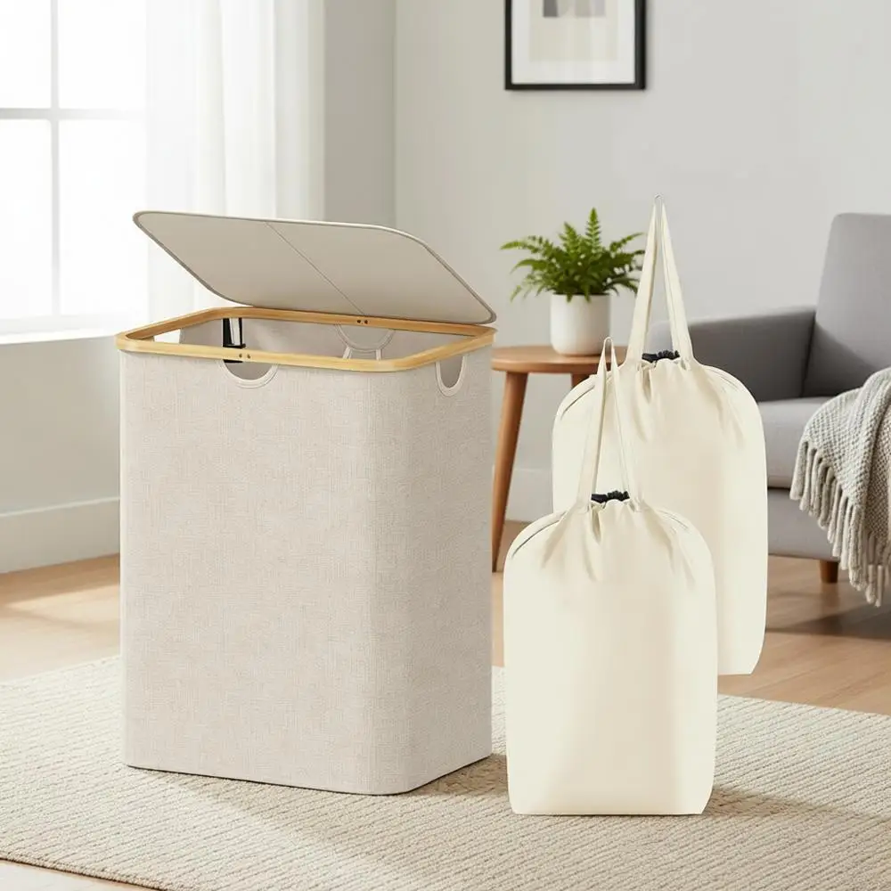 Large 120L Laundry Basket with Bamboo Handles and 2 Removable Bags - Ideal for Bedroom, Bathroom, Dorm, Laundry Room in Beige
Large 120L Laundry Basket with Bamboo Handles and 2 Removable Bags - Ideal for Bedroom, Bathroom, Dorm, Laundry Room in Beige