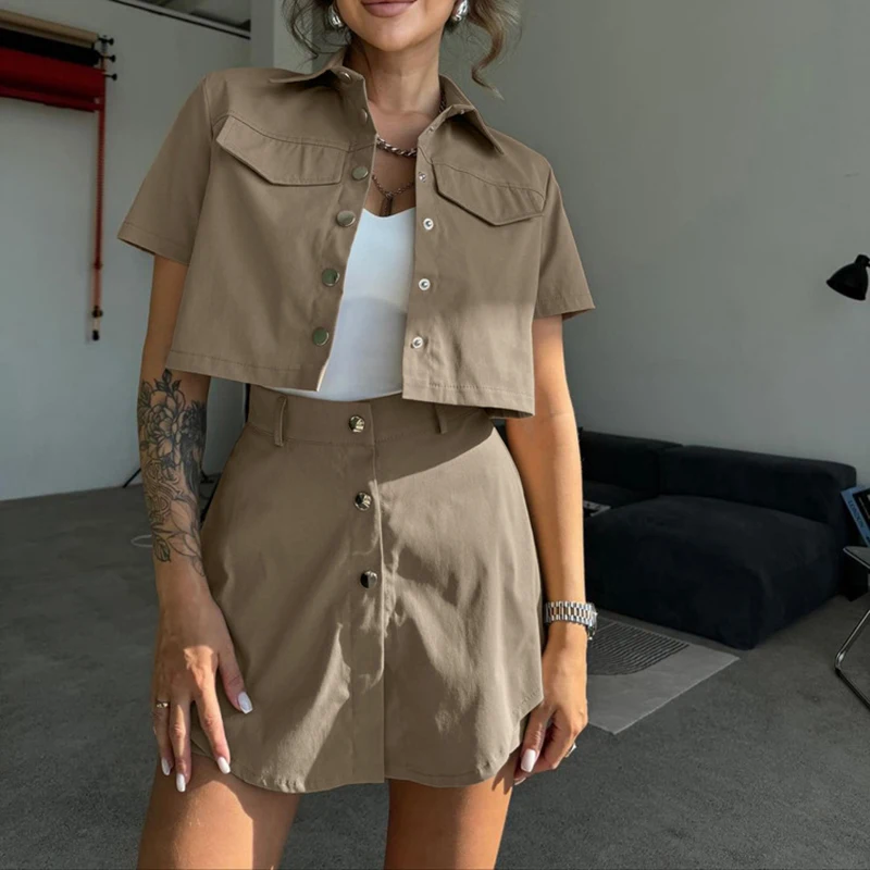 Elegant Khaki Pantskirt Outfit Spring Women Single Breasted Lapel Shirt+High Waist Button Mini Pantskirt Female Two Piece Set
Elegant Khaki Pantskirt Outfit Spring Women Single Breasted Lapel Shirt+High Waist Button Mini Pantskirt Female Two Piece Set