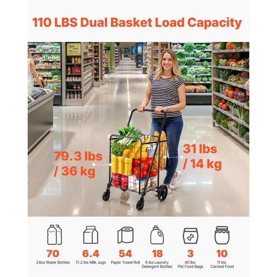 Folding Shopping Cart Jumbo Grocery Cart with Double Baskets 360 Swivel Wheels Heavy Duty Utility Cart 110 LBS Large Capacity U
Folding Shopping Cart Jumbo Grocery Cart with Double Baskets 360 Swivel Wheels Heavy Duty Utility Cart 110 LBS Large Capacity U