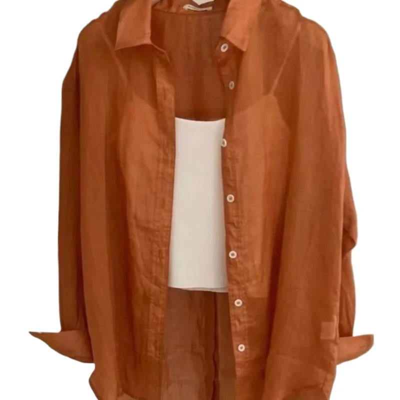 Summer New Orange Silk Blouse Women Lightweight Sun Protection Womens Tops Loose See Through Breathable Loose Woman Clothes
Summer New Orange Silk Blouse Women Lightweight Sun Protection Womens Tops Loose See Through Breathable Loose Woman Clothes