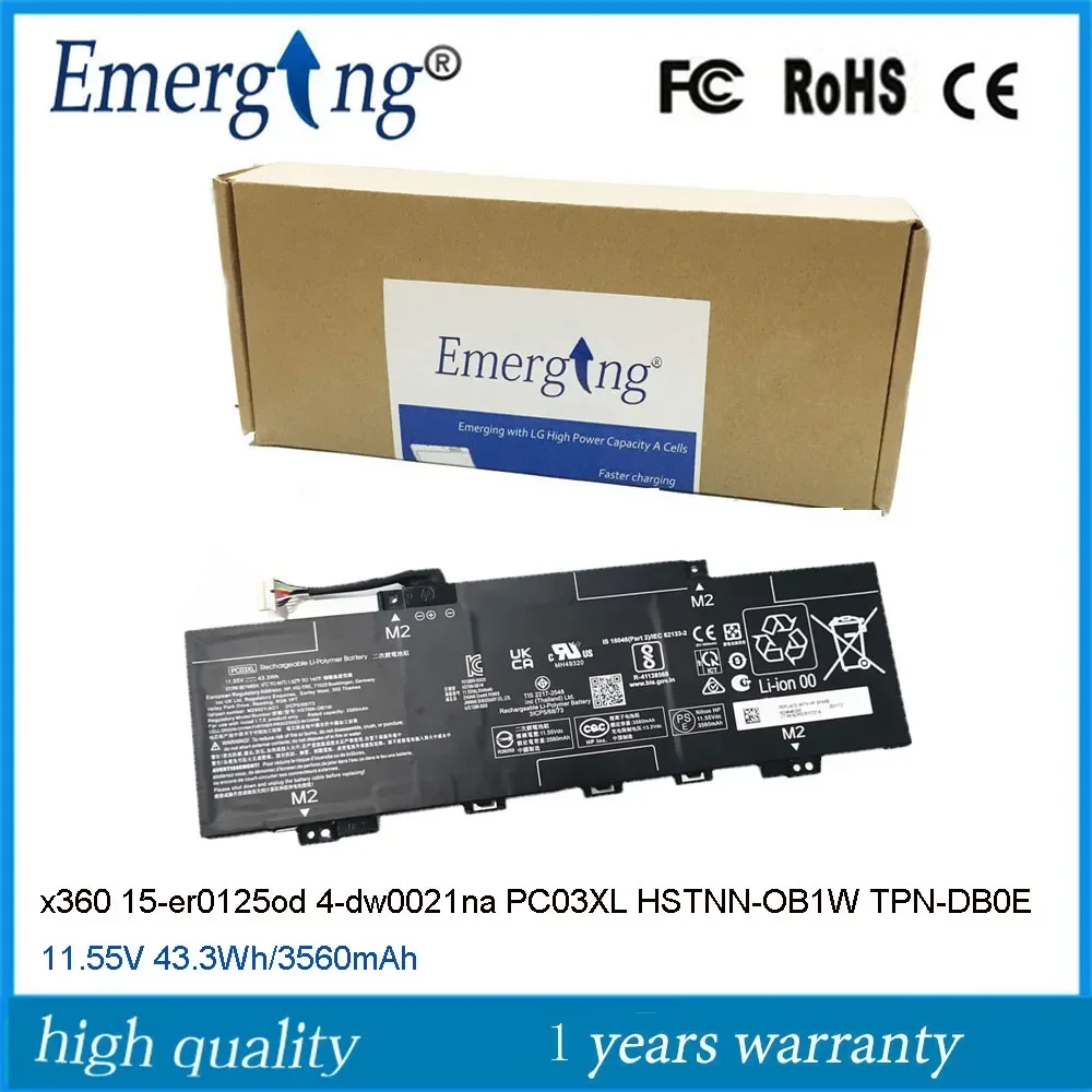 11.55V 43.3Wh 3560mAh Original PC03XL Laptop Battery for HP Pavilion x360 15-er0125od 4-dw0021na PC03043XL HSTNN-OB1W TPN-DB0E
11.55V 43.3Wh 3560mAh Original PC03XL Laptop Battery for HP Pavilion x360 15-er0125od 4-dw0021na PC03043XL HSTNN-OB1W TPN-DB0E