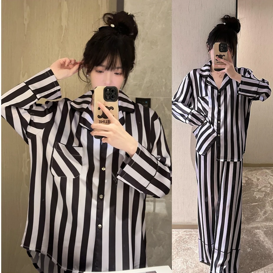 Two Pieces Pajamas Suit Spring Women Silky Satin Sleepwear Nightwear PJS Home Clothes Long Sleeve Shirt Trousers Pyjamas Set
Two Pieces Pajamas Suit Spring Women Silky Satin Sleepwear Nightwear PJS Home Clothes Long Sleeve Shirt Trousers Pyjamas Set