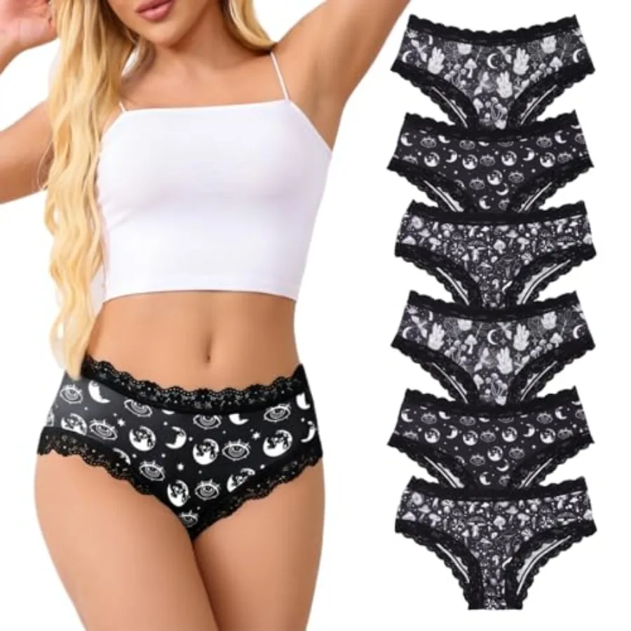 Women's Gothic Lace Hipster Panties 5~6Pack:Moon Eyes Mystical Print, Black Low Rise Bikini Soft Comfy Sexy Underwear
Women's Gothic Lace Hipster Panties 5~6Pack:Moon Eyes Mystical Print, Black Low Rise Bikini Soft Comfy Sexy Underwear
