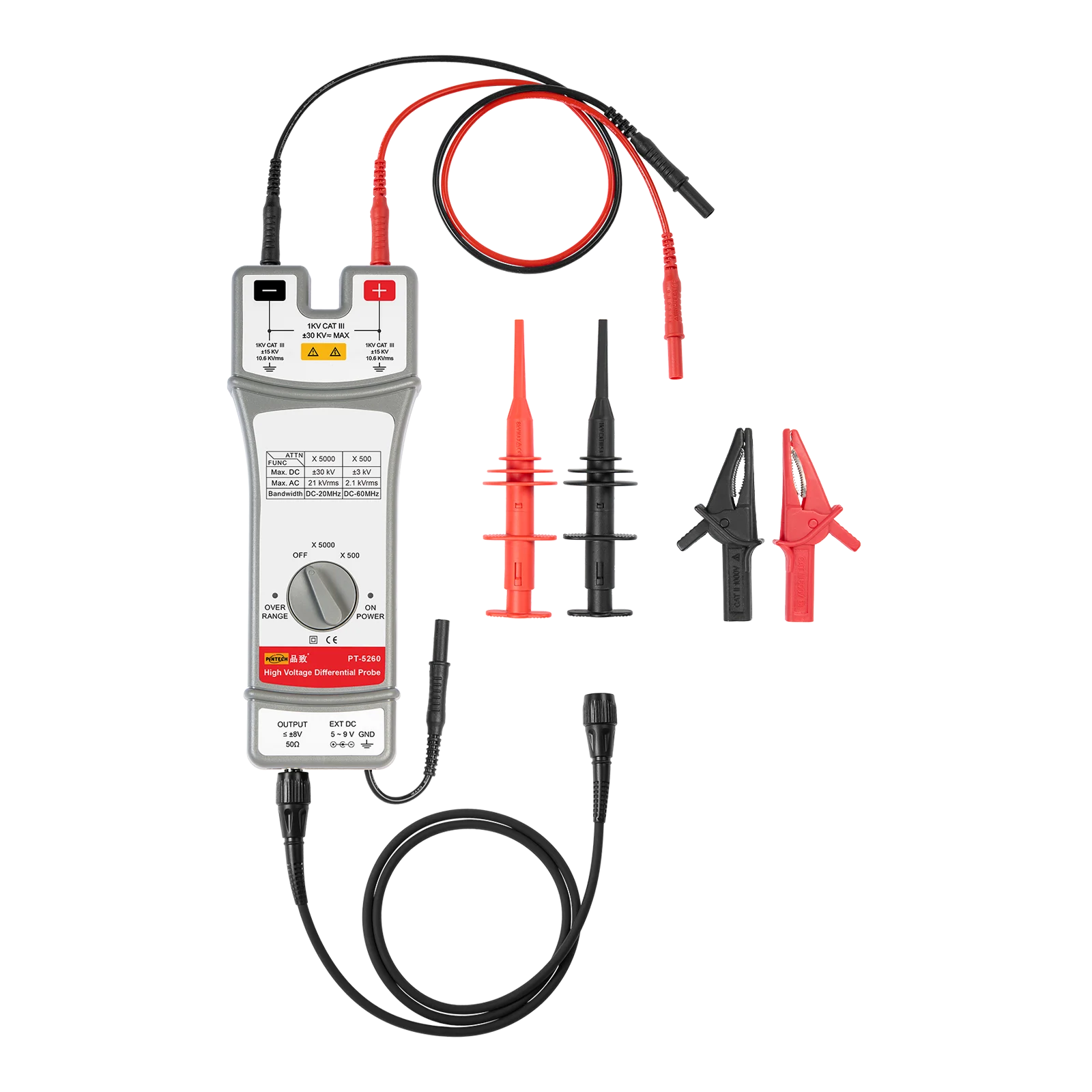 PINTECH PT-5260 High Voltage Probe kit 60kV, 60MHz, 500X/5000X, ±2% Accuracy, Differential Probe for Oscilloscope
PINTECH PT-5260 High Voltage Probe kit 60kV, 60MHz, 500X/5000X, ±2% Accuracy, Differential Probe for Oscilloscope