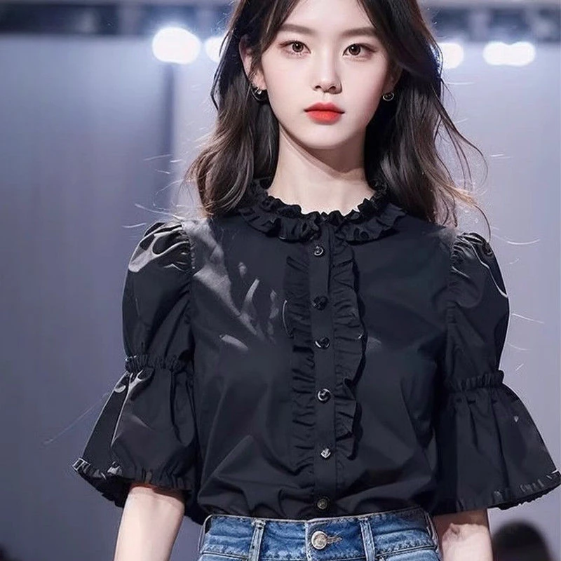 Women's New Spring Striped Tops Loose Lace Collar Short Sleeve Ruffle Shirt for Going Out Black Short Sleeved Shirt A590
Women's New Spring Striped Tops Loose Lace Collar Short Sleeve Ruffle Shirt for Going Out Black Short Sleeved Shirt A590