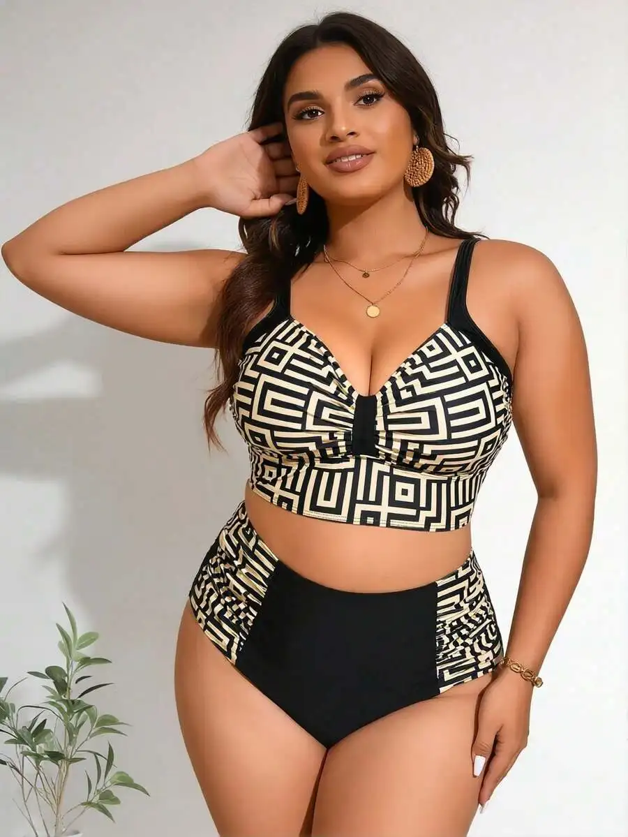 Plus Size Women Two Piece Swimsuit Black Geometric Print Crop Top High Waisted Bottom
Plus Size Women Two Piece Swimsuit Black Geometric Print Crop Top High Waisted Bottom