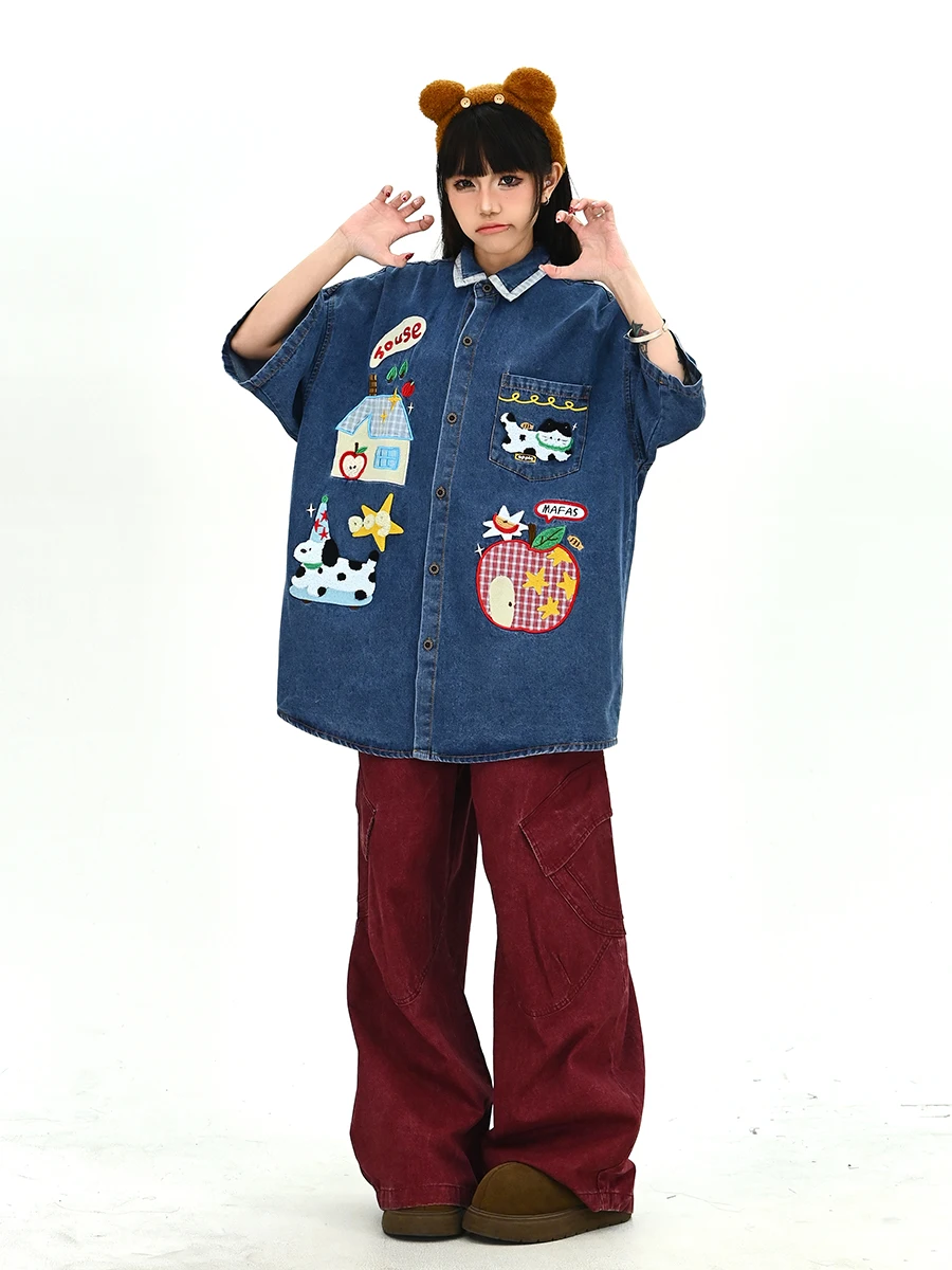 Summer New Women's Loose BF Korean Sle Cartoon Plaid ort Sve Denim irt Casual College Sle Top Comfortable Fit
Summer New Women's Loose BF Korean Sle Cartoon Plaid ort Sve Denim irt Casual College Sle Top Comfortable Fit