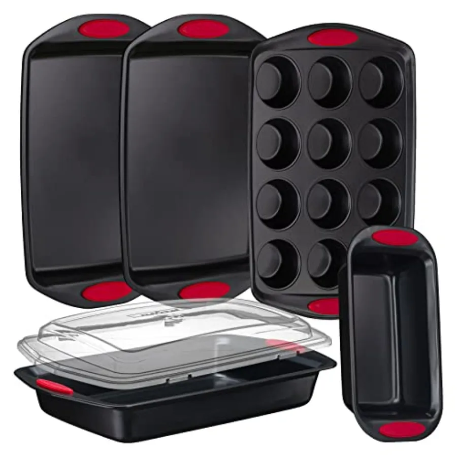 6-Piece Baking Pan Set - Carbon Steel Stackable Bakeware with Red Silicone Handles and Nonstick Coating Includes Cookie Sheets
6-Piece Baking Pan Set - Carbon Steel Stackable Bakeware with Red Silicone Handles and Nonstick Coating Includes Cookie Sheets