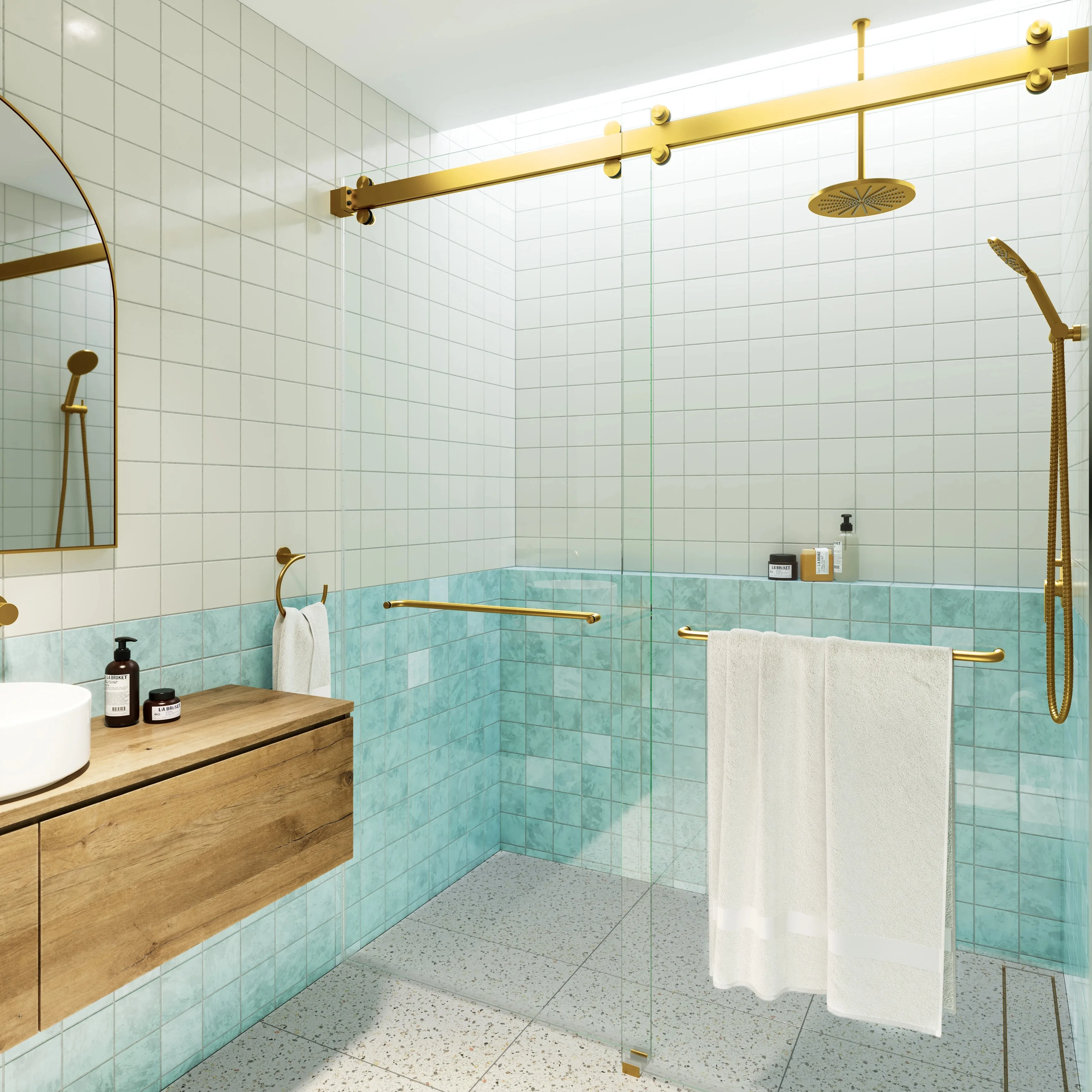 China Factory Custom Frameless Sliding Glass Door Brushed Golden square Shower Room Toilet Partition Glass Shower
China Factory Custom Frameless Sliding Glass Door Brushed Golden square Shower Room Toilet Partition Glass Shower