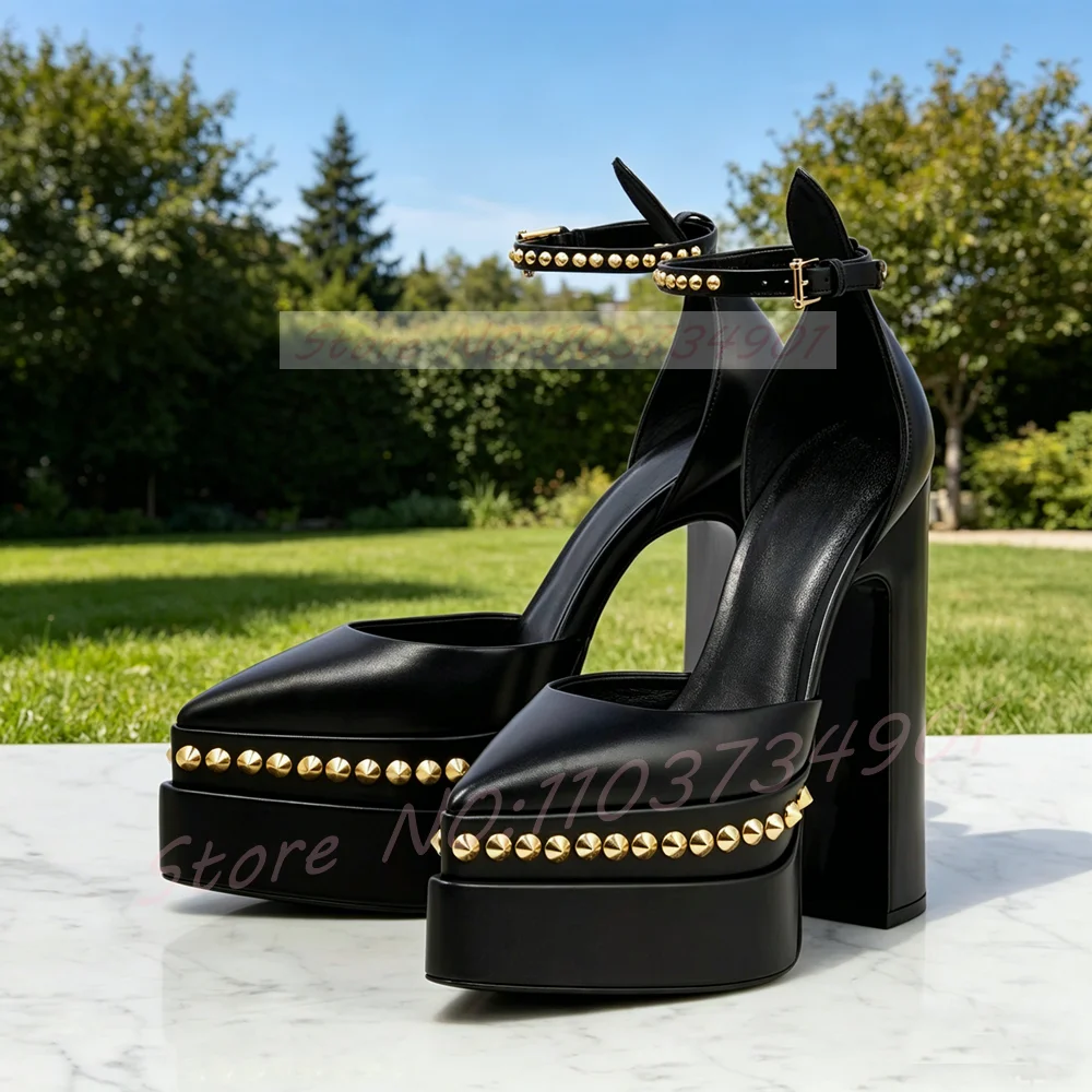 Gold Rivets Double-Layer Platform Pointed Toe Sandals Women Ankle Buckle Strap Black Leather Chunky Heels Sandals Trendy Party
Gold Rivets Double-Layer Platform Pointed Toe Sandals Women Ankle Buckle Strap Black Leather Chunky Heels Sandals Trendy Party