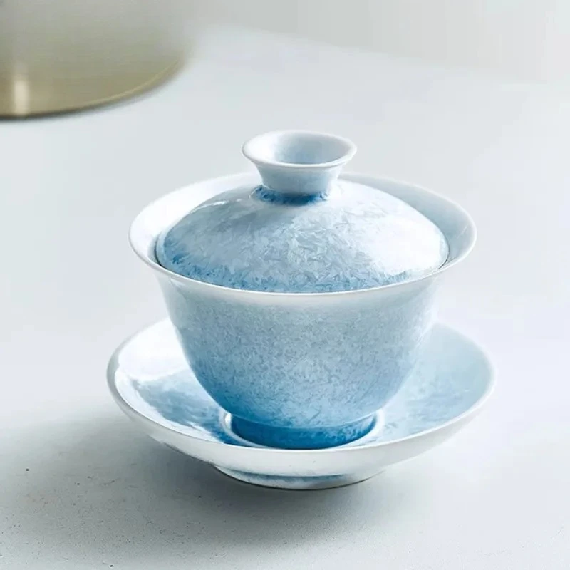 120ml Kiln Change Glaze Crystal Blue Ice Three-Talent Covered Bowl Household Kung Fu Tea Set Ceramic Single High-End
120ml Kiln Change Glaze Crystal Blue Ice Three-Talent Covered Bowl Household Kung Fu Tea Set Ceramic Single High-End