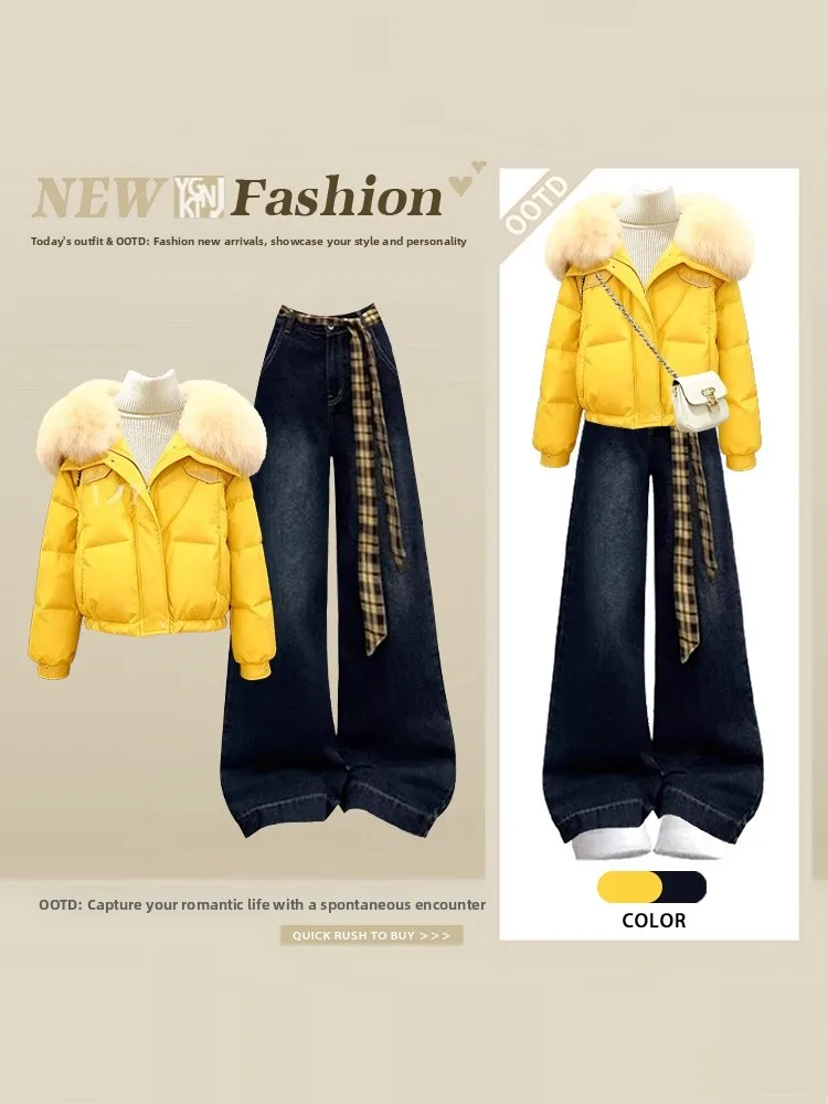 Korean Sle Winter Faion Set High Waist Denim Jaet And Cotton Coat with Fur Collar Wide Leg Pants Two Piece Set for Women
Korean Sle Winter Faion Set High Waist Denim Jaet And Cotton Coat with Fur Collar Wide Leg Pants Two Piece Set for Women