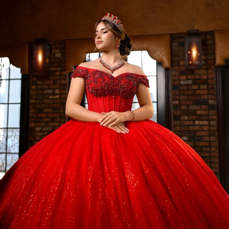Shiny Red Quinceanera Dress off-shoulder Glitter Crystal Decal Long tail vestidos de 15 Quinceanera Customize
Shiny Red Quinceanera Dress off-shoulder Glitter Crystal Decal Long tail vestidos de 15 Quinceanera Customize