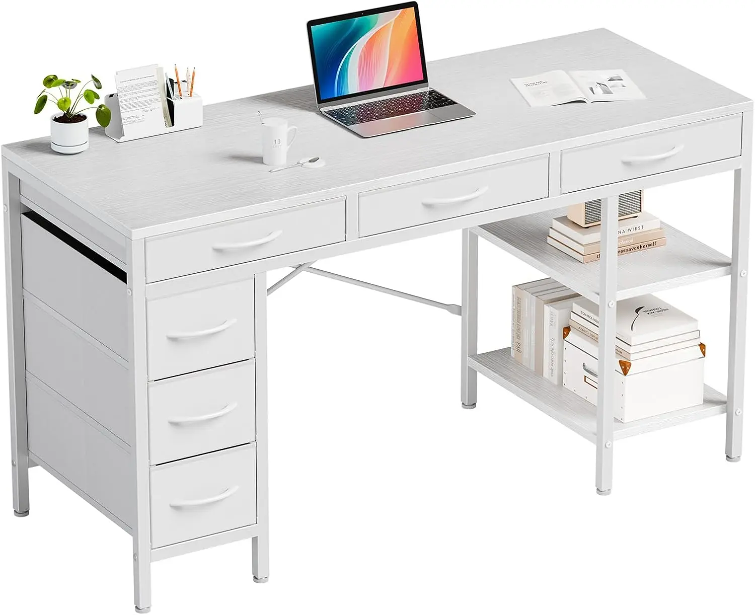 55" Computer Desk with 6 Drawers, Storage Shelves for Home Office, White
55" Computer Desk with 6 Drawers, Storage Shelves for Home Office, White