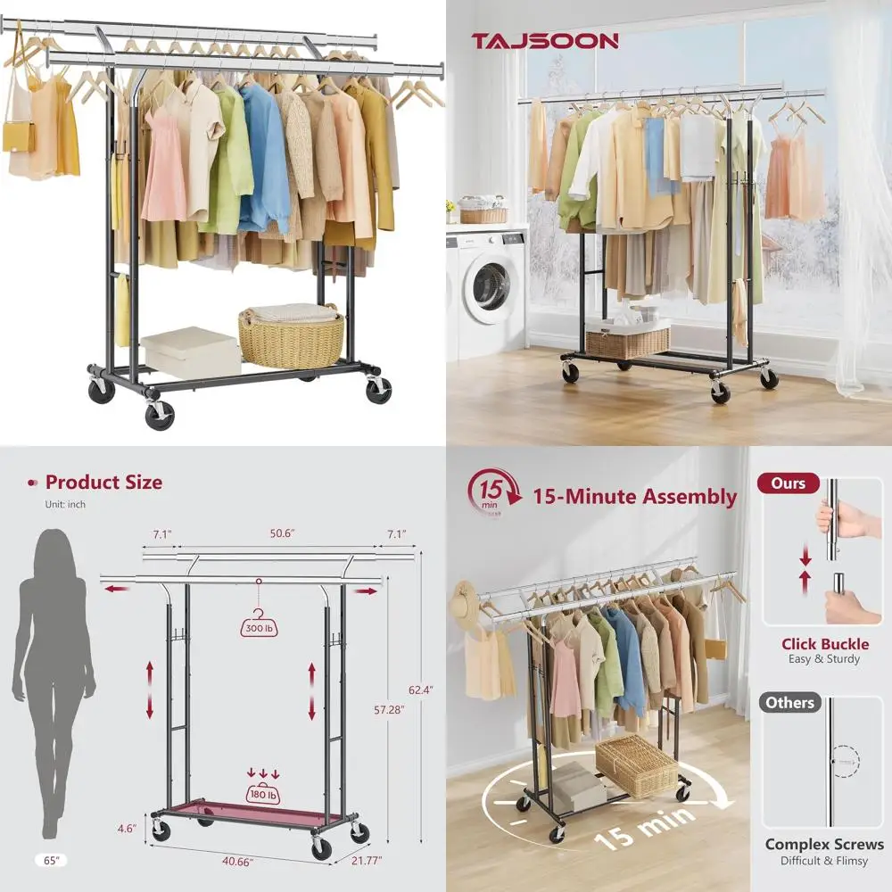 Сверхмощная вешалка для одежды на колесиках с регулируемой полкой, складная для подвешивания, поддерживает 480 фунтов, черная
Сверхмощная вешалка для одежды на колесиках с регулируемой полкой, складная для подвешивания, поддерживает 480 фунтов, черная