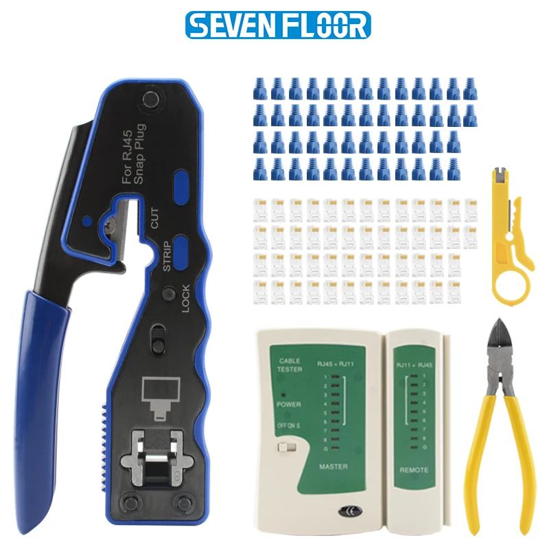 Cat6 Pass-Through RJ45 Crimp Tool Kit, Network Crimper, 8P8C Connectors, Strain Boots, RJ45/RJ11 Tester, Nippers & Wire Stripper
Cat6 Pass-Through RJ45 Crimp Tool Kit, Network Crimper, 8P8C Connectors, Strain Boots, RJ45/RJ11 Tester, Nippers & Wire Stripper