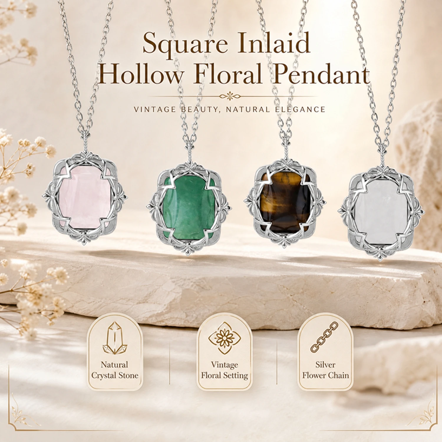 New Elegant Natural Crystal Pendant Square Interface Inlaid Hollow Floral Necklace Rose Quartz Natural Fluorite Fashion Jewelry
New Elegant Natural Crystal Pendant Square Interface Inlaid Hollow Floral Necklace Rose Quartz Natural Fluorite Fashion Jewelry
