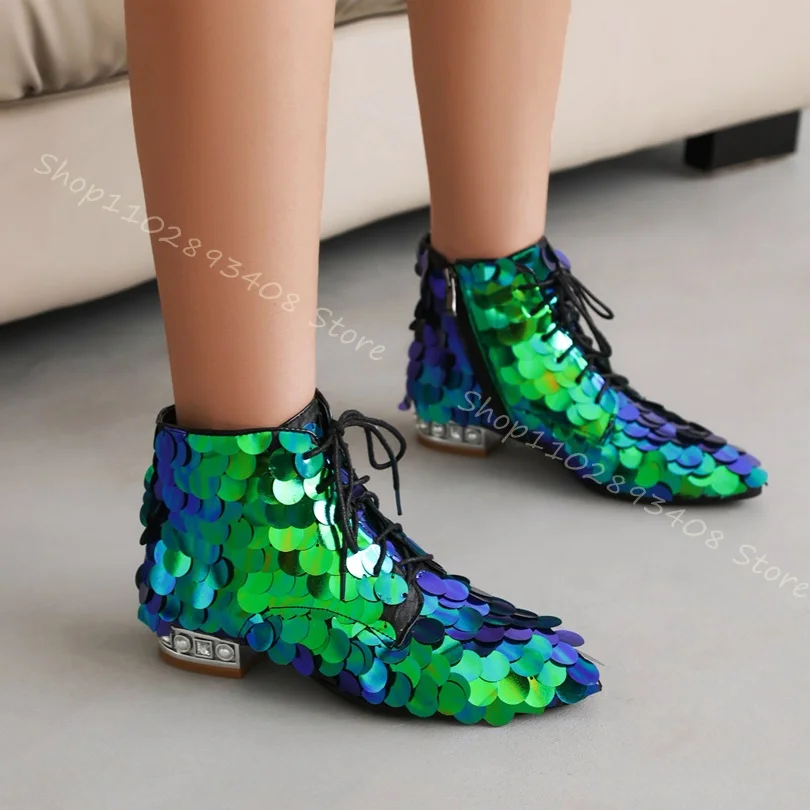 Green Sequined Cloth Ankle Boots Round Toe Lace up Chunky High Heels British Style Women New Fashion Shoes Zapatos Para Mujere
Green Sequined Cloth Ankle Boots Round Toe Lace up Chunky High Heels British Style Women New Fashion Shoes Zapatos Para Mujere
