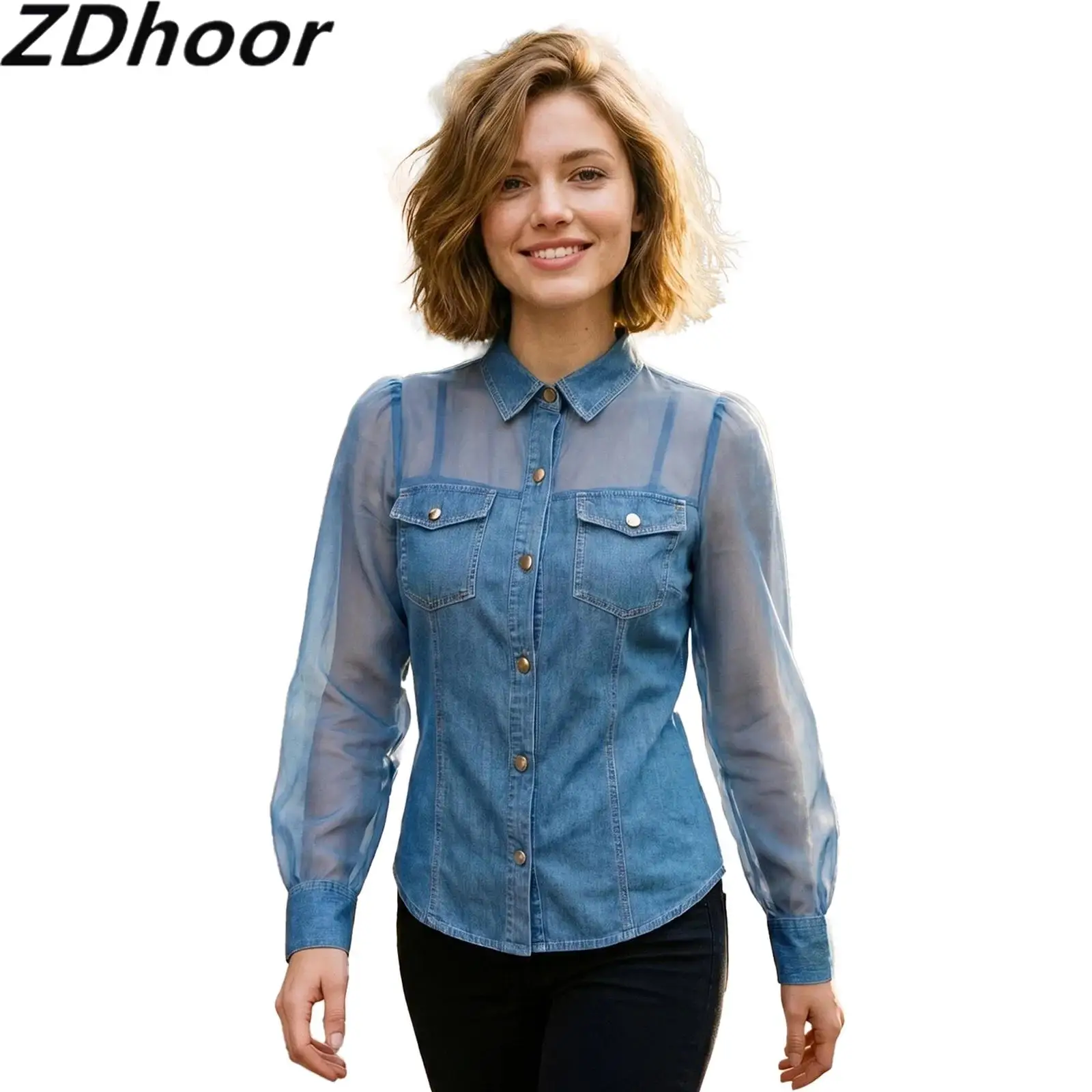 Women Casual Denim Blouse Sheer Mesh Patchwork at Sleeves And Shoulders Long Sleeve Button-down Shirt Top for Office Vacation
Women Casual Denim Blouse Sheer Mesh Patchwork at Sleeves And Shoulders Long Sleeve Button-down Shirt Top for Office Vacation