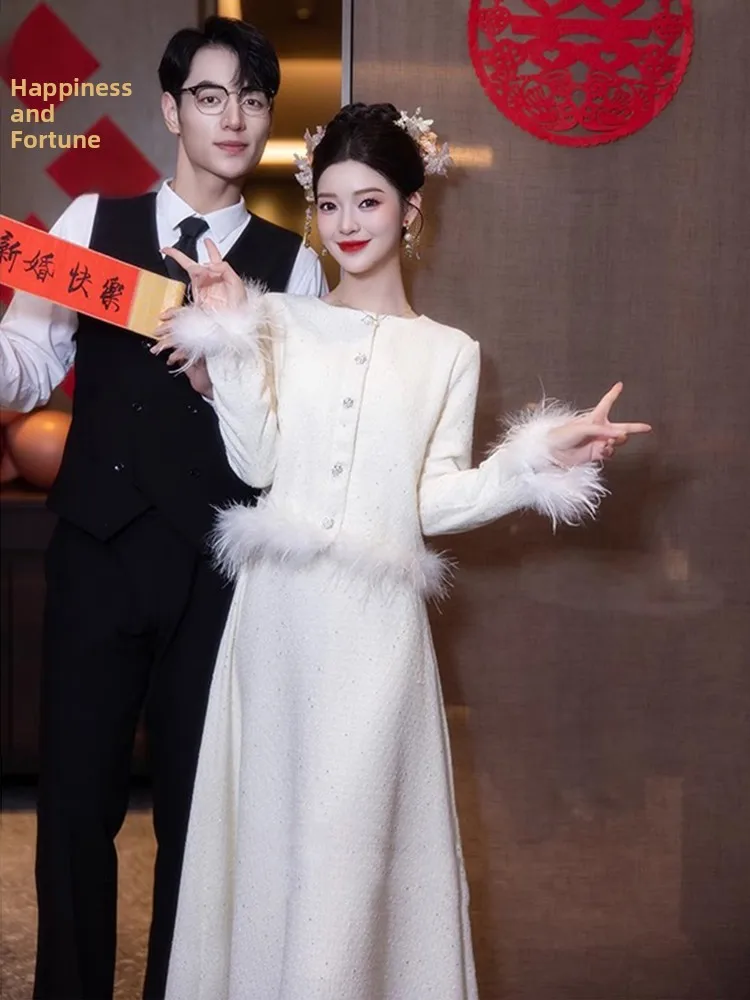 Ele White Wedding Dr Set for Bride Return Home Celebration Dinner Long Sve A-Line Skirt Wedding Ceremony
Ele White Wedding Dr Set for Bride Return Home Celebration Dinner Long Sve A-Line Skirt Wedding Ceremony