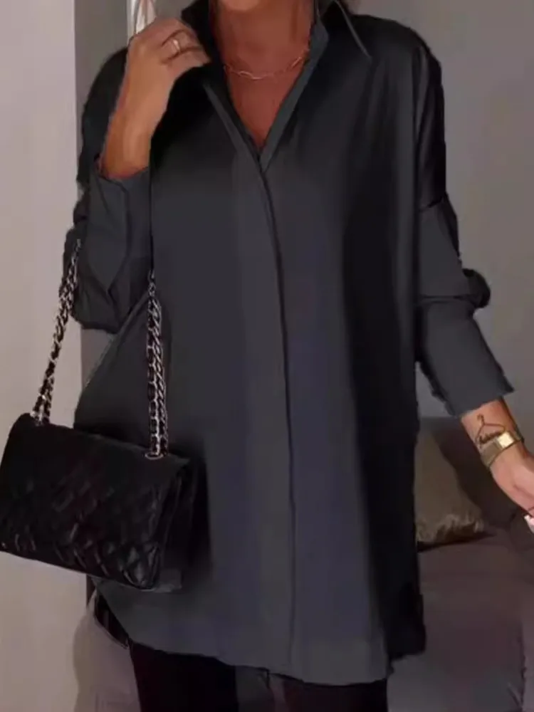 Модная офисная рубашка, женские элегантные однотонные рубашки с отложным воротником и пуговицами, топы для женщин, весенне-осенняя женская одежда
Модная офисная рубашка, женские элегантные однотонные рубашки с отложным воротником и пуговицами, топы для женщин, весенне-осенняя женская одежда