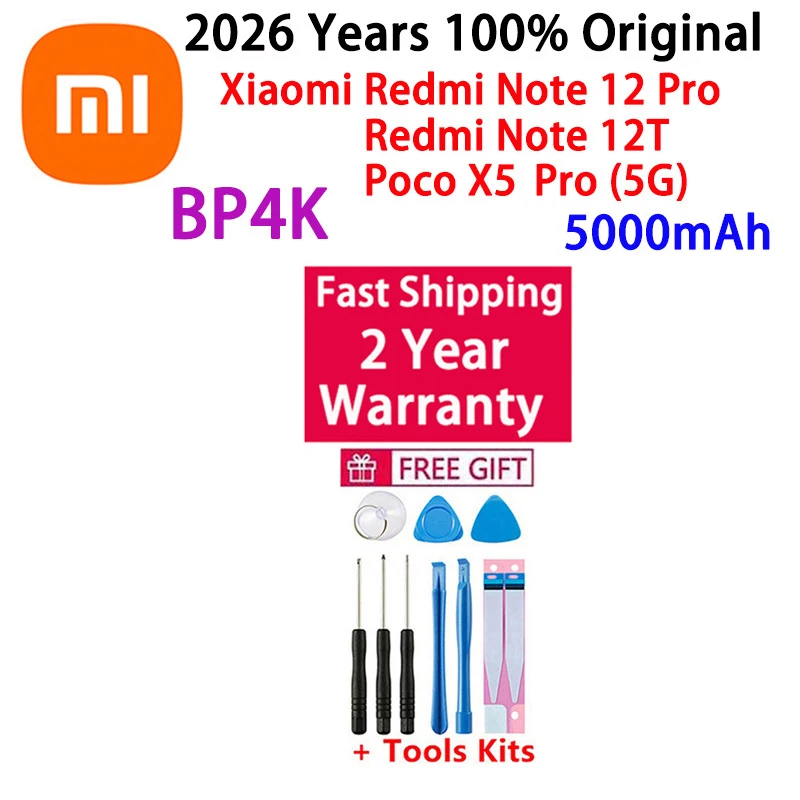 5000mAh 100% Original BP4K Battery For Xiaomi Redmi Note 12 Pro / Note 12T Poco X5 Pro X5Pro 12Pro 5G Phone Replacement Battery
5000mAh 100% Original BP4K Battery For Xiaomi Redmi Note 12 Pro / Note 12T Poco X5 Pro X5Pro 12Pro 5G Phone Replacement Battery