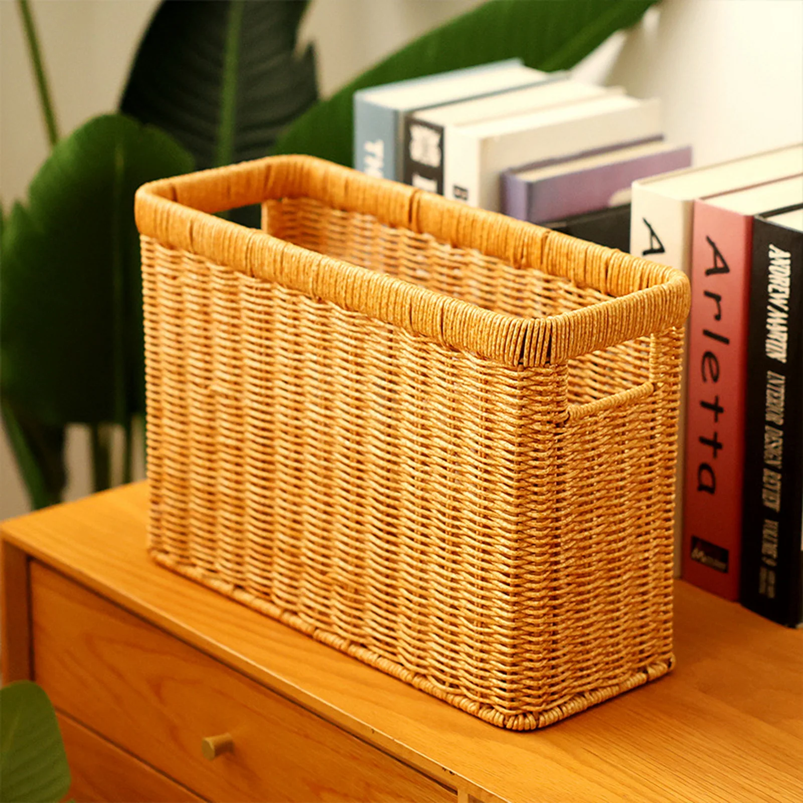 Rectangular Wicker Style Storage Basket Plastic Narrow Tall Design for Living Room Magazine Newspaper Organization
Rectangular Wicker Style Storage Basket Plastic Narrow Tall Design for Living Room Magazine Newspaper Organization