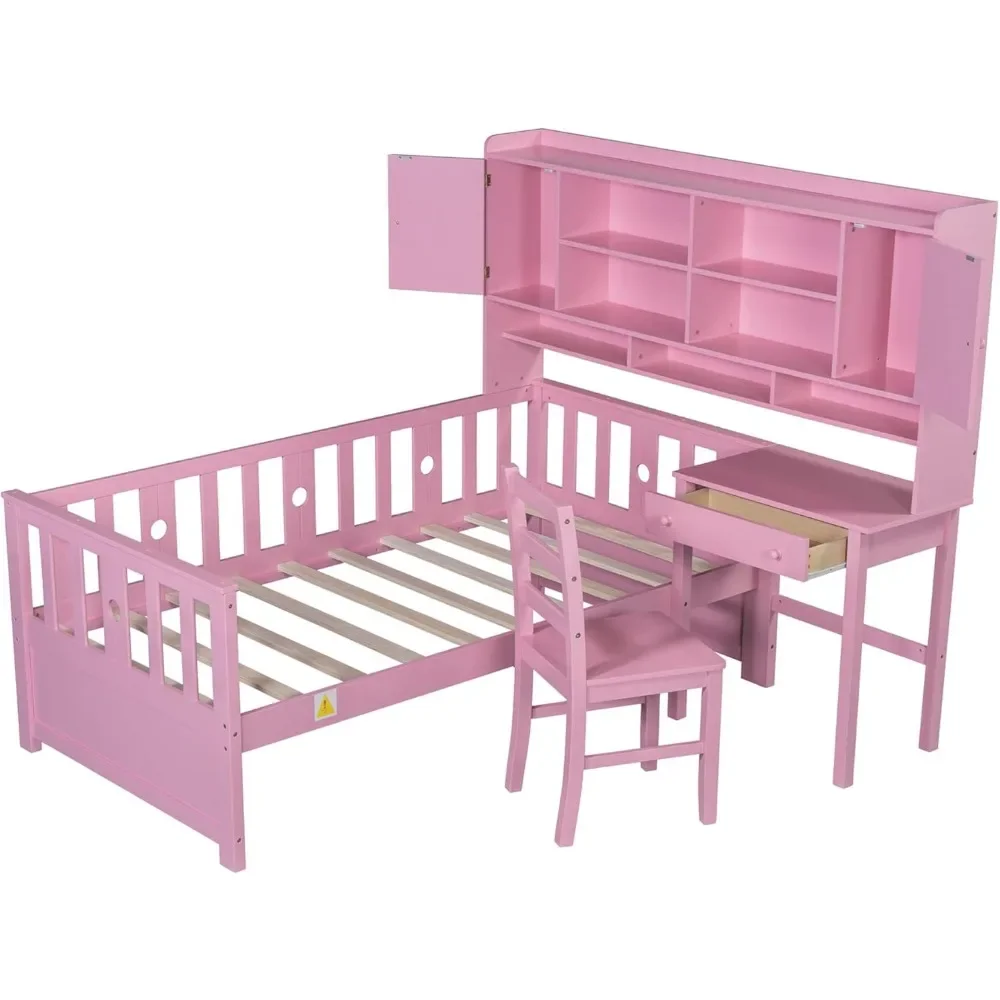 Modern Twin Size Kids Bed Frame with Desk, Bookcase Headboard and Matching Chair, Wood Platform Bed with Storage for Kids Teens
Modern Twin Size Kids Bed Frame with Desk, Bookcase Headboard and Matching Chair, Wood Platform Bed with Storage for Kids Teens