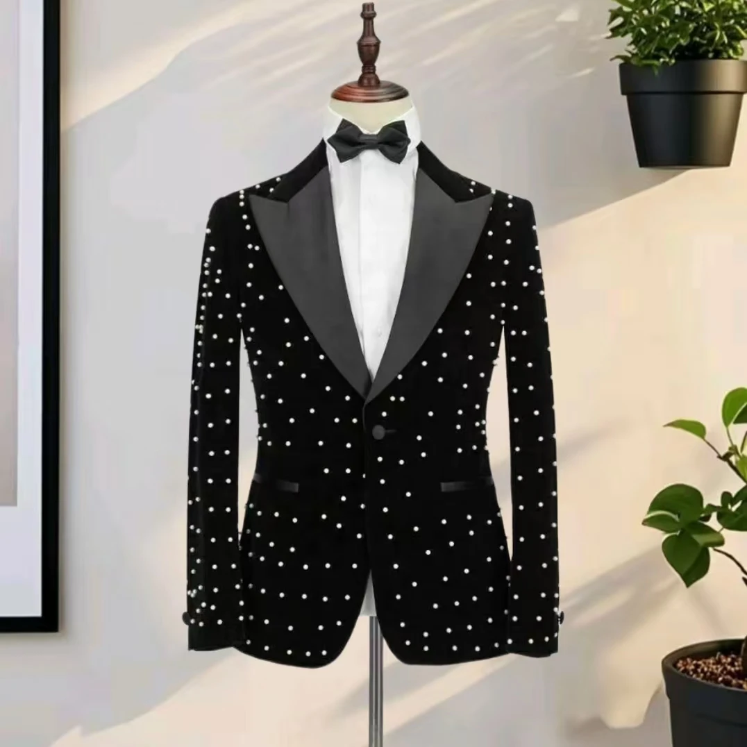 Crystal Beading Black Velvet Men Suits Costume Homme Luxury Wedding Suit Black Peaked Lapel Velvet Blazers
Crystal Beading Black Velvet Men Suits Costume Homme Luxury Wedding Suit Black Peaked Lapel Velvet Blazers