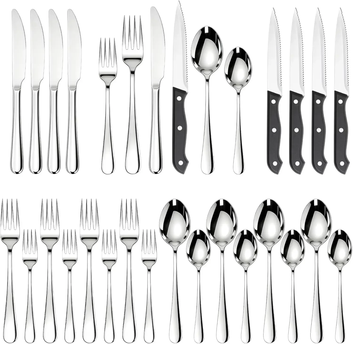 24-Piece Stainless Steel Flatware Set With Steak Knives For 4 – Mirror Polished Kitchen Utensils
24-Piece Stainless Steel Flatware Set With Steak Knives For 4 – Mirror Polished Kitchen Utensils