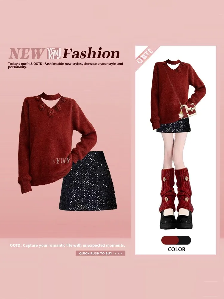 Retro Knitted Sweater V-Neck Red Women's Design Sparkling A-Line Skirt Winter Fashion Set High Waist Short Skirt
Retro Knitted Sweater V-Neck Red Women's Design Sparkling A-Line Skirt Winter Fashion Set High Waist Short Skirt