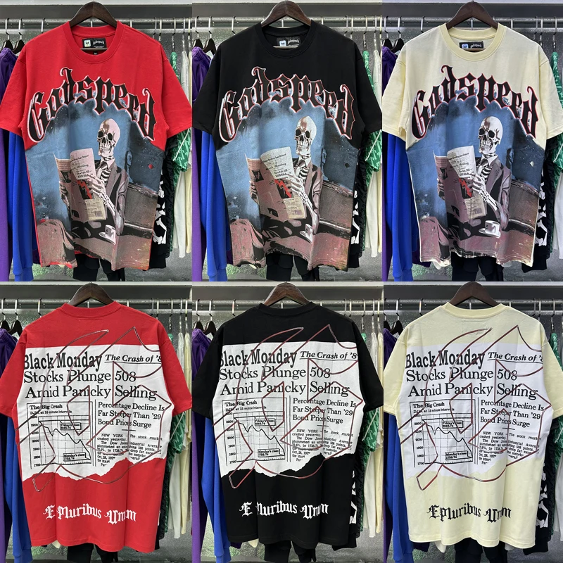 Cross Border Best Seller New Godspeed Short-sleeved Tops Reading Newspaper Skeletons Print Hip Hop Men's Women's Leisure Tee 
Cross Border Best Seller New Godspeed Short-sleeved Tops Reading Newspaper Skeletons Print Hip Hop Men's Women's Leisure Tee